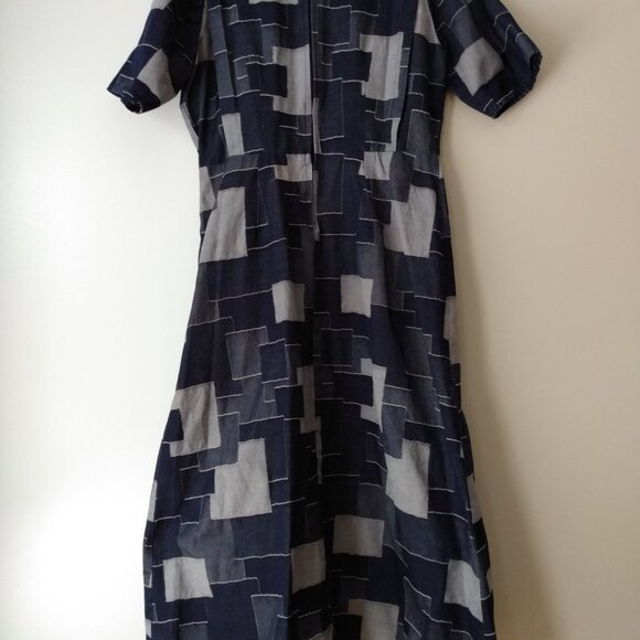 Handmade Denim Jean Patchwork Dress Plus Size 44.5"B 34"W Amish Mennonite Cape - Picture 9 of 14